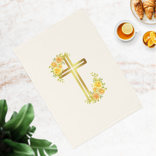 Floral Cross Cotton Tea Towel - Religious Kitchen Decor for Faith, Easter, Home Gift, Prayer, Spiritual Setting