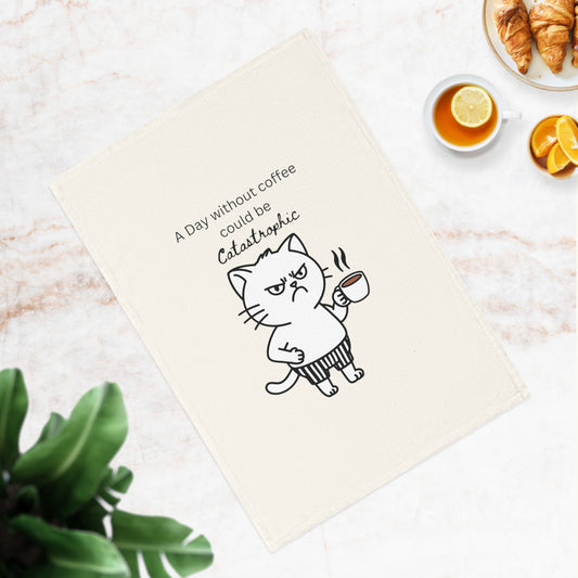 Funny Cat Coffee Tea Towel - "A Day Without Coffee Could Be Catastrophic"