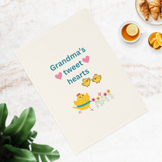 Heartfelt Cotton Tea Towel - "Grandma's Tweet Hearts" Design